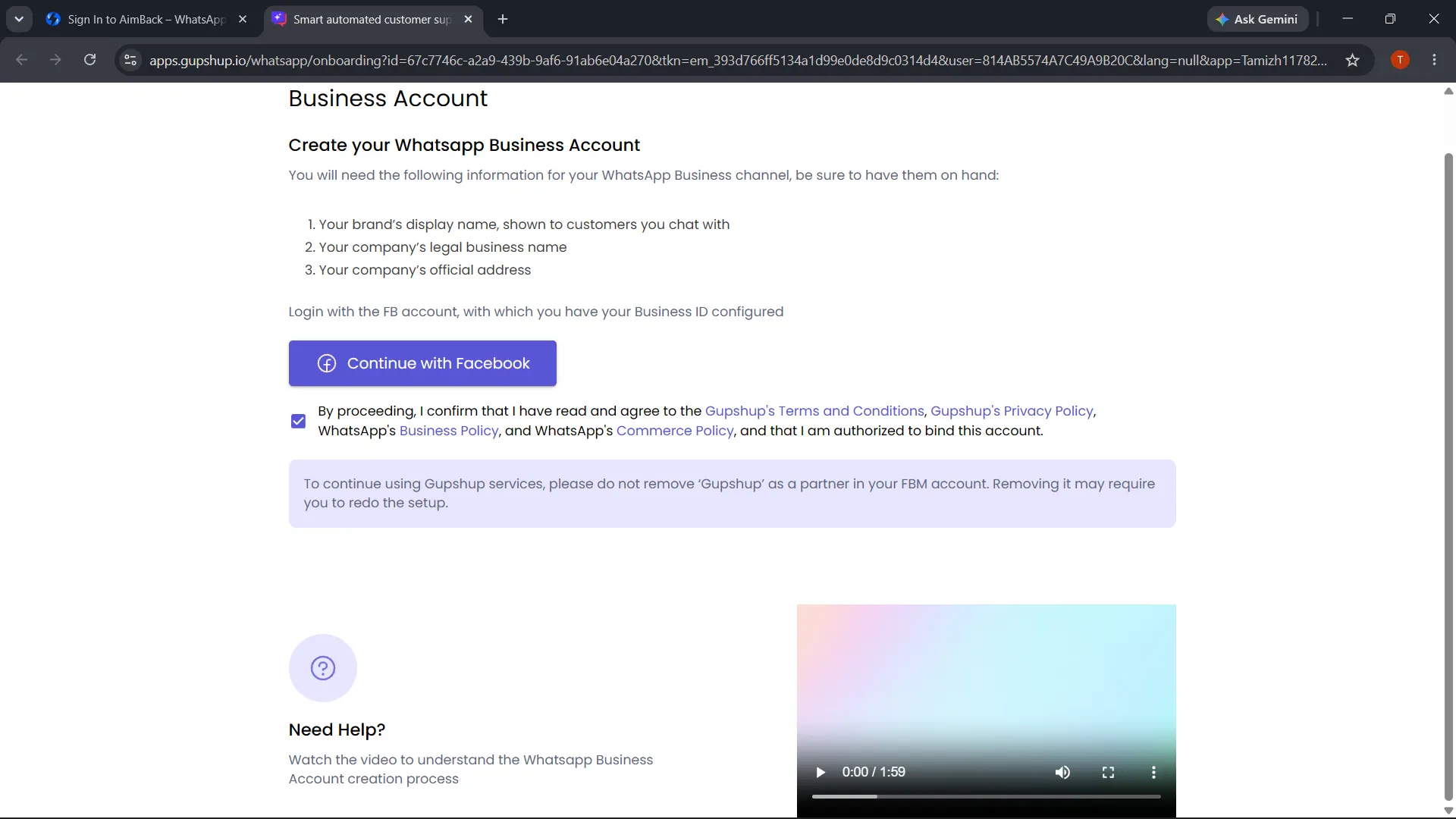 Gupshup - Step 3: Continue with Facebook