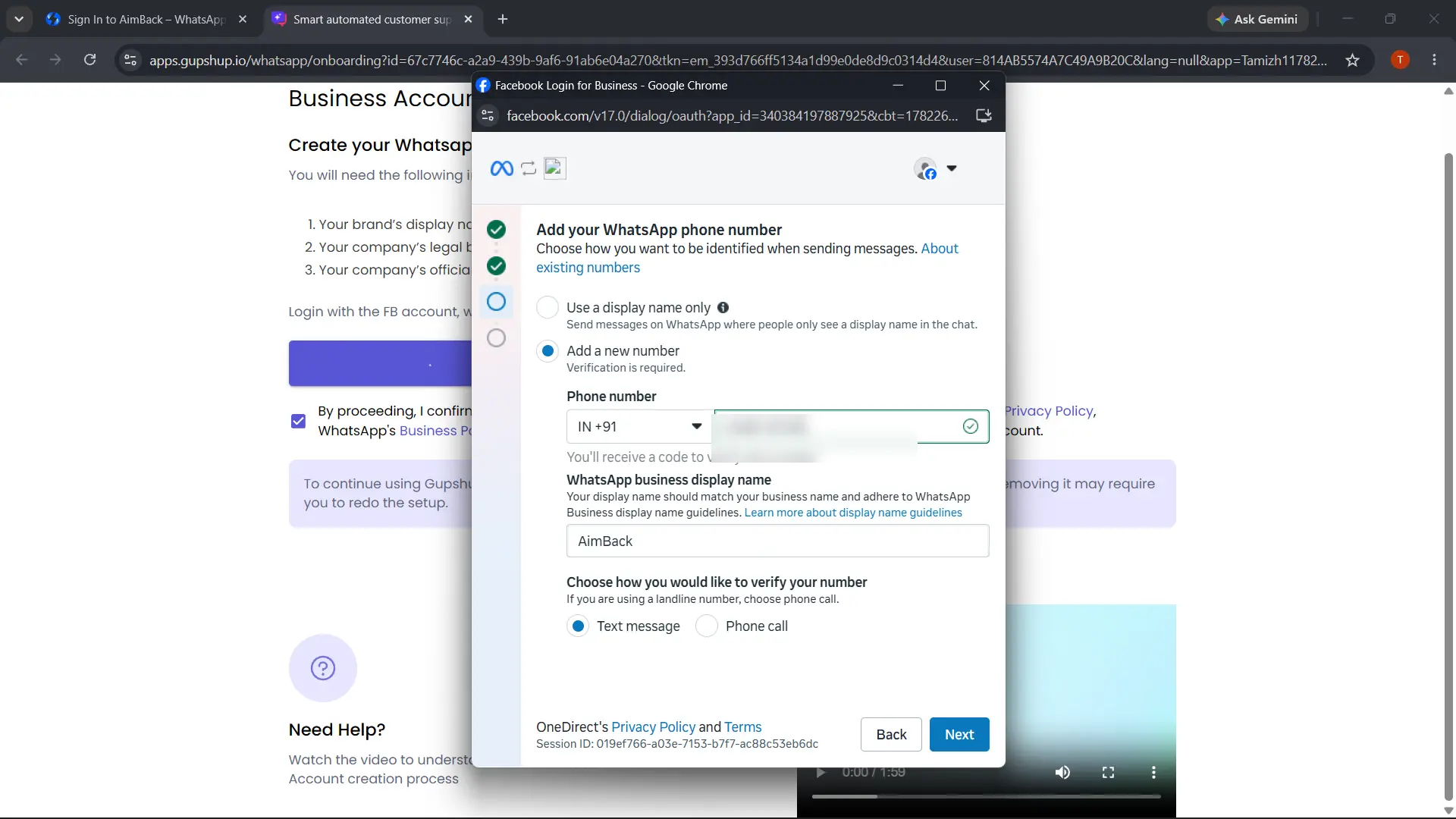 Meta - Step 9b: Add a new number + verification method
