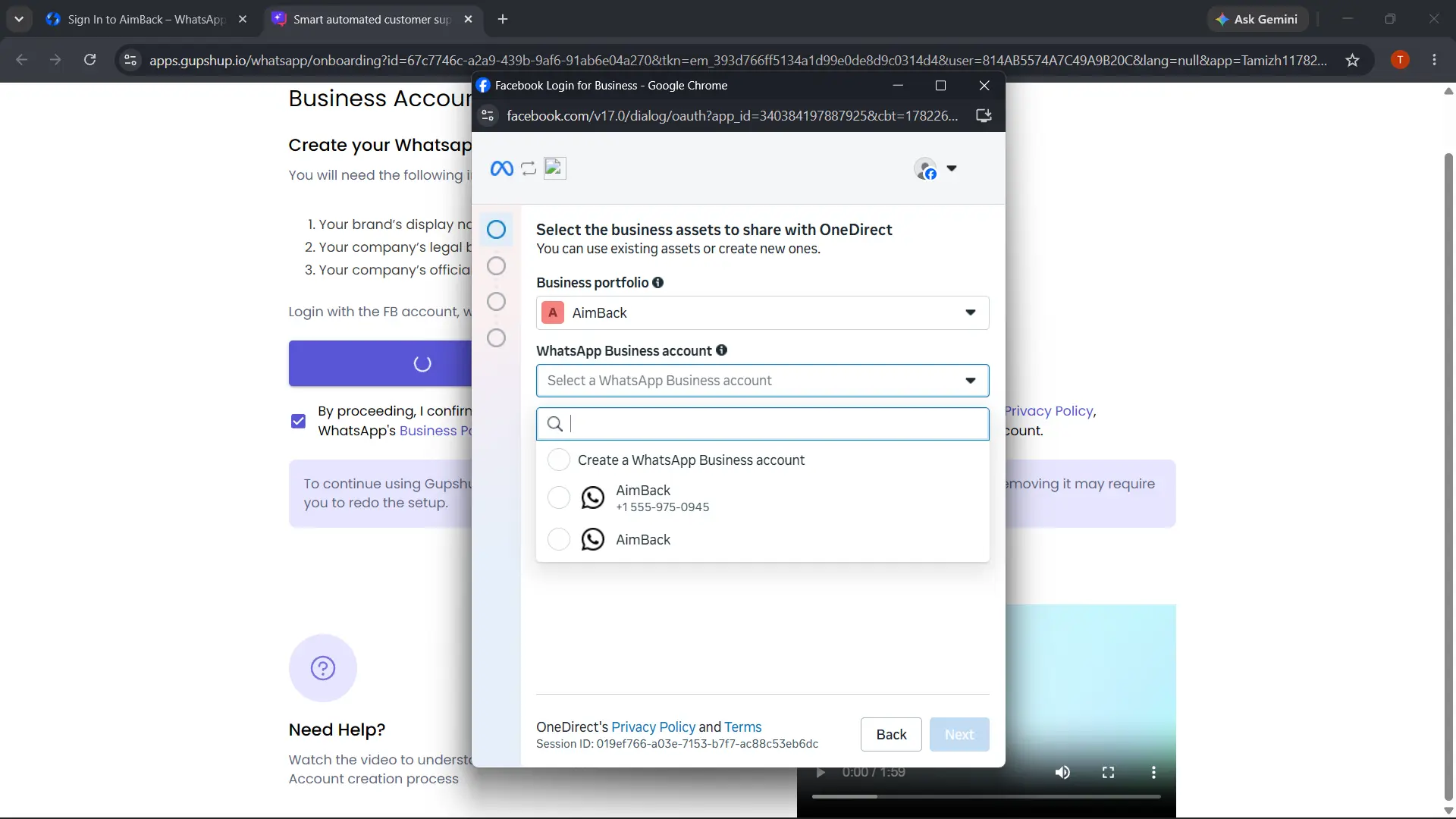 Meta - Step 7a: WhatsApp Business account dropdown