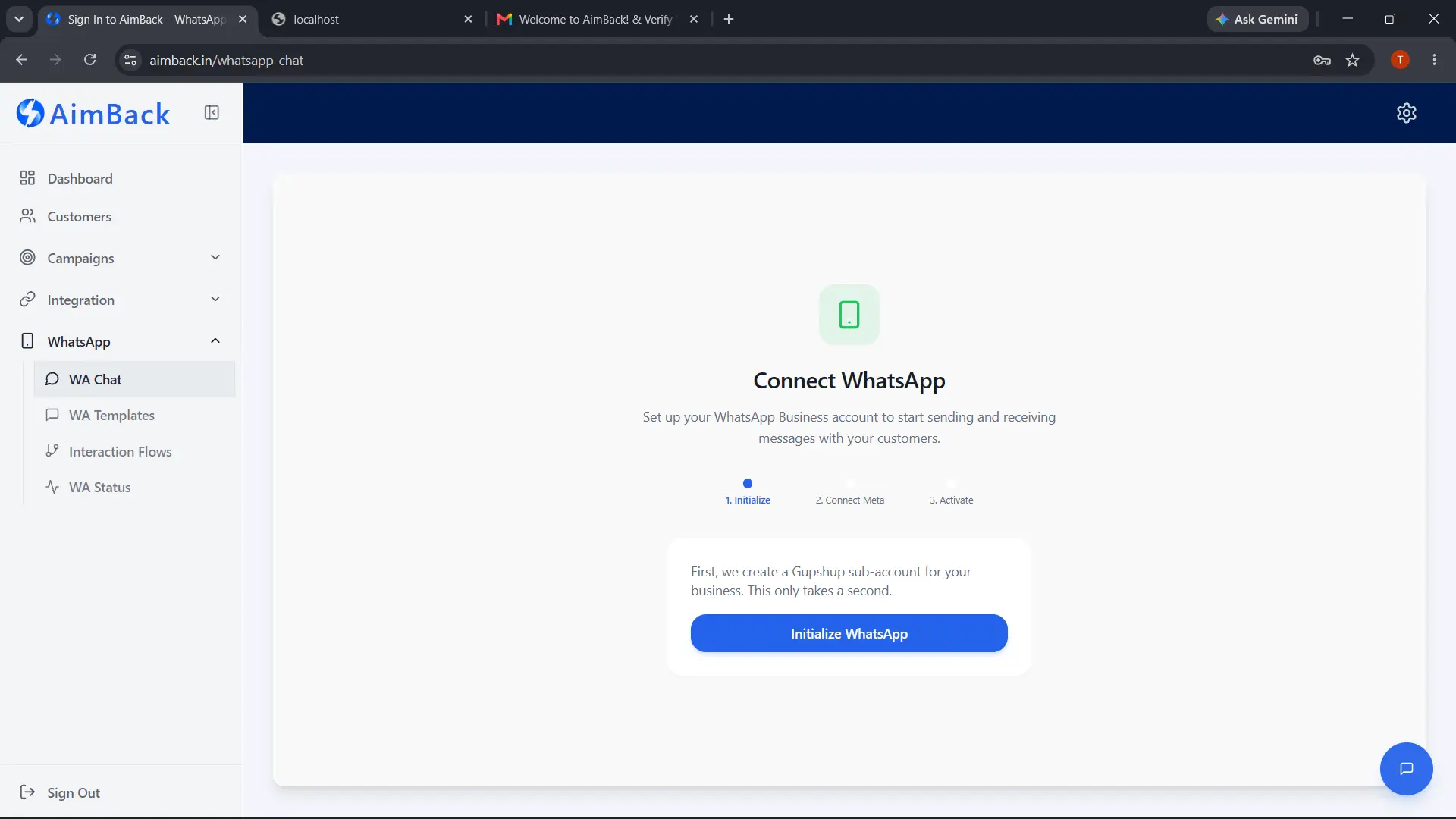 AimBack - Step 1: Initialize WhatsApp